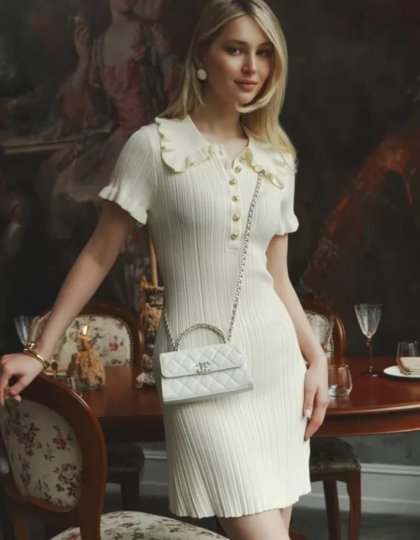 Emilia – Sukienka z falbanistym kołnierzem – Sukienka prążkowana-15216300982597-Róża Kwiatowa