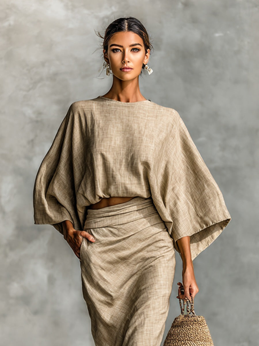 Leravelle – Drapowana elegancja – Dwuczęściowy zestaw-15294308254021-Róża Kwiatowa
