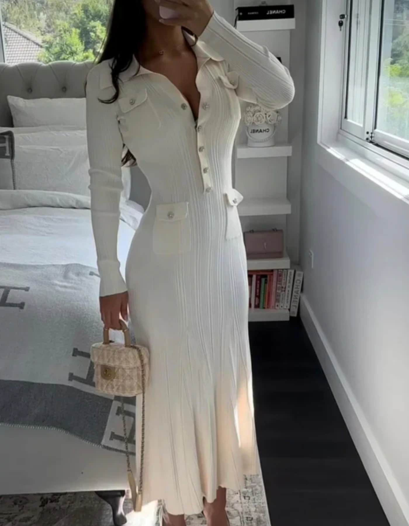 Luanne – Szykowna prążkowana elegancja – Sukienka midi z guzikami-15216447750469-Róża Kwiatowa