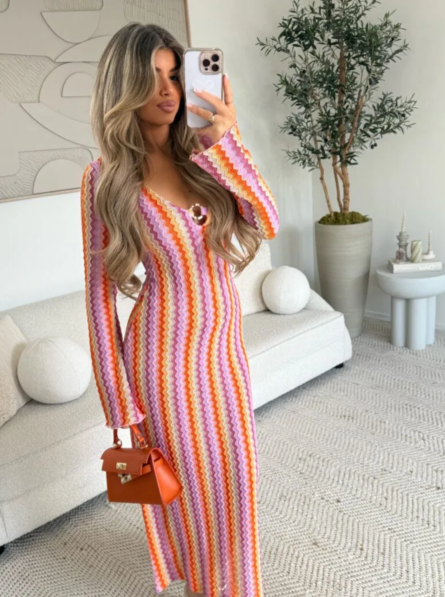 Lunarie — Dzianina w retro zygzaki — Sukienka maxi-15234676818245-Róża Kwiatowa