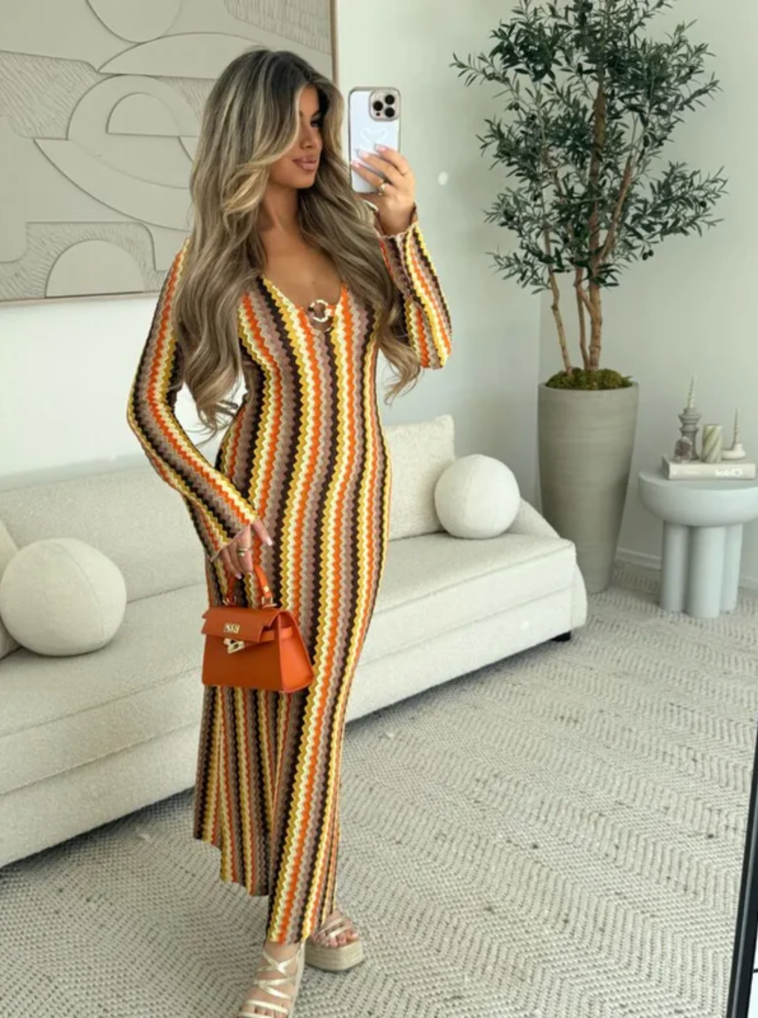 Lunarie — Dzianina w retro zygzaki — Sukienka maxi-15234676818245-Róża Kwiatowa