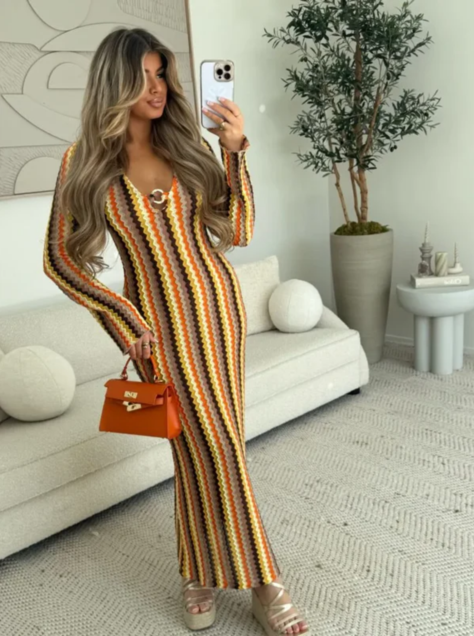 Lunarie — Dzianina w retro zygzaki — Sukienka maxi-15234676818245-Róża Kwiatowa