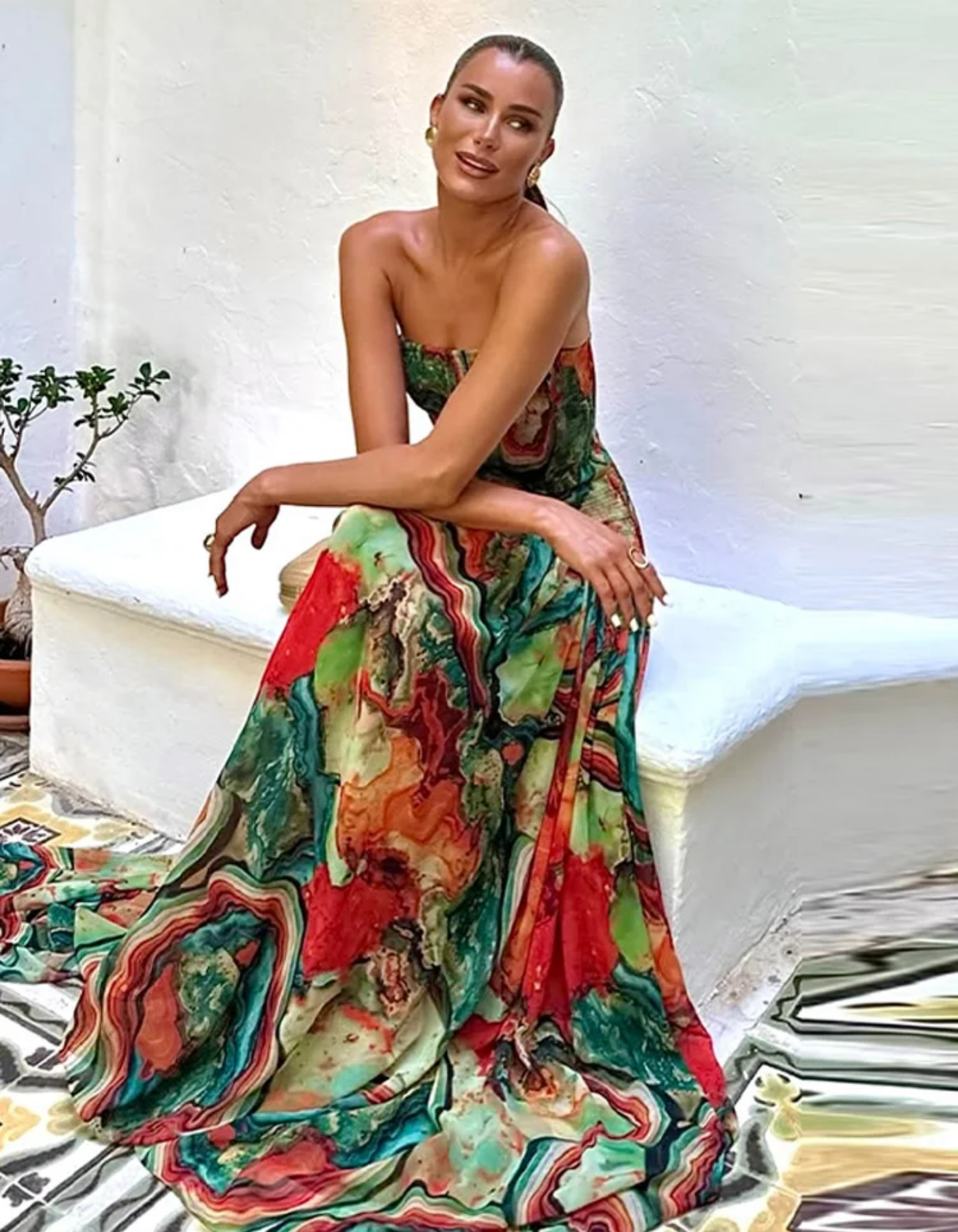 Marbella – Wzór marmurkowy – Sukienka maxi-15216578068805-Róża Kwiatowa