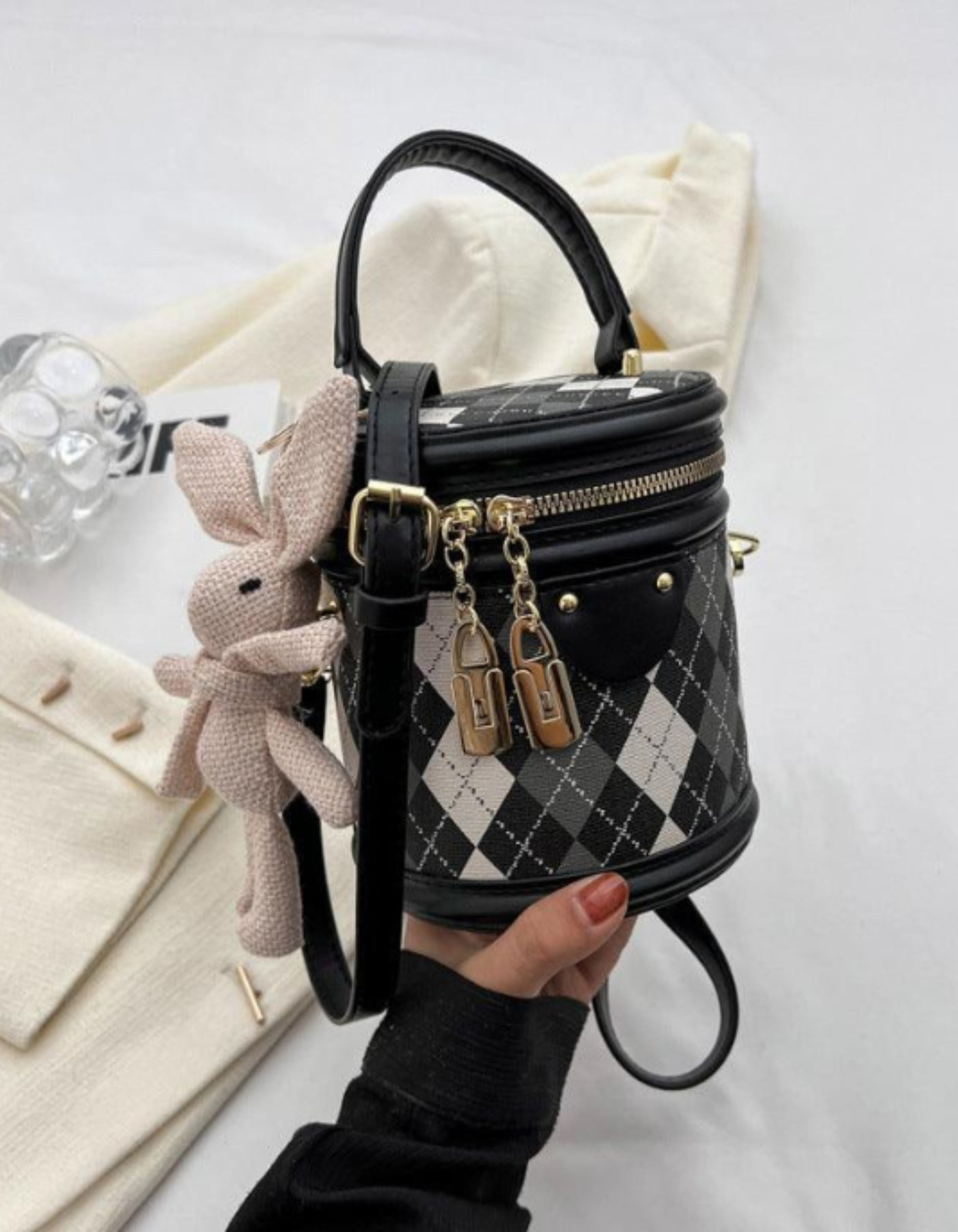 Minivière – Akcent w kształcie króliczka Argyle – Torba na ramię-15216455156037-Róża Kwiatowa