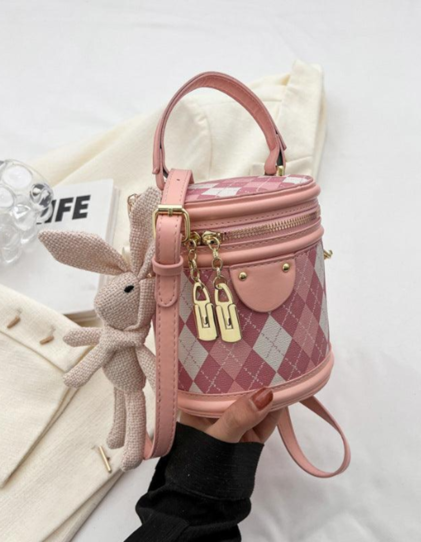 Minivière – Akcent w kształcie króliczka Argyle – Torba na ramię-15216455156037-Róża Kwiatowa
