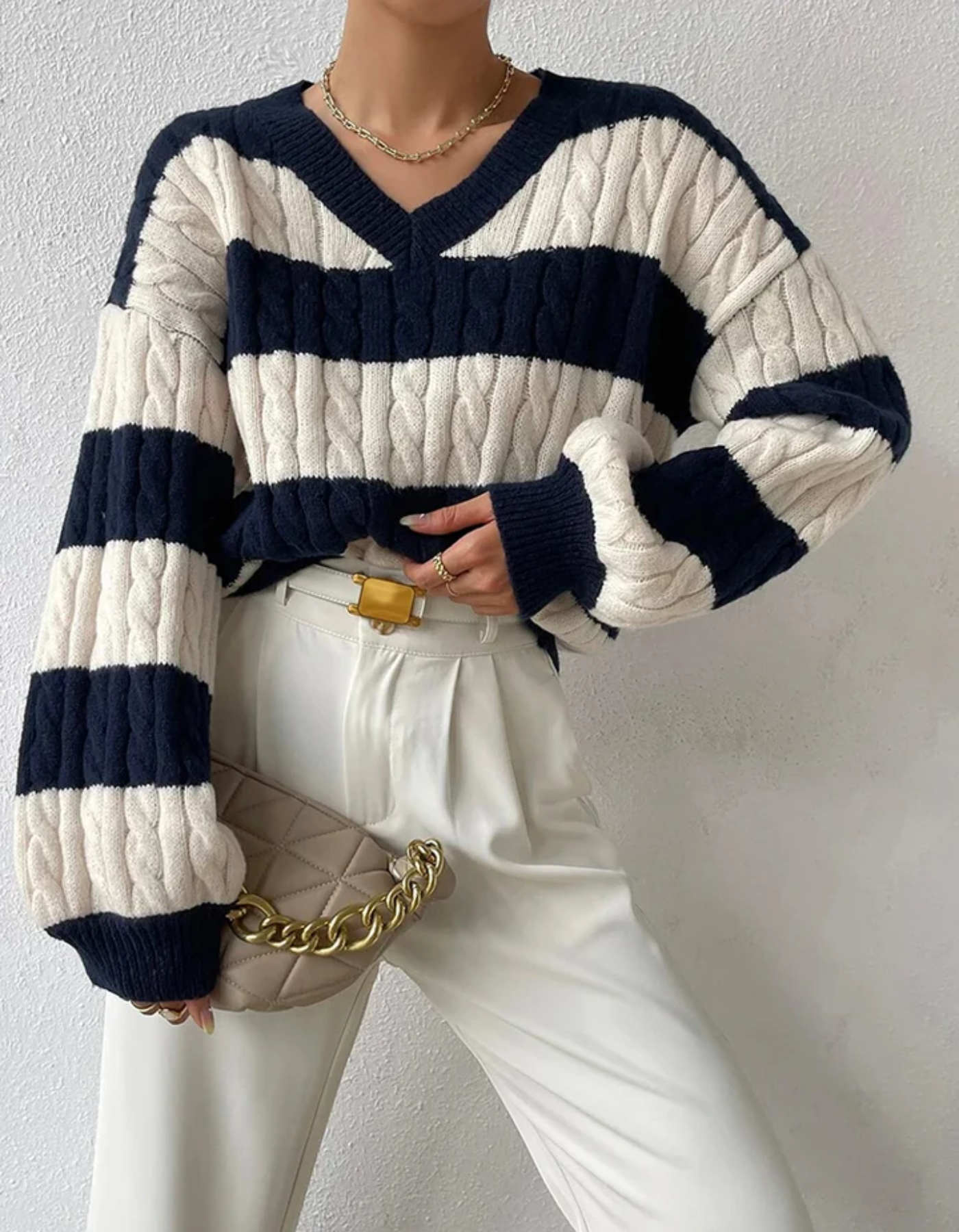 Mira – Dzianina w paski – Sweter-15216301932869-Róża Kwiatowa