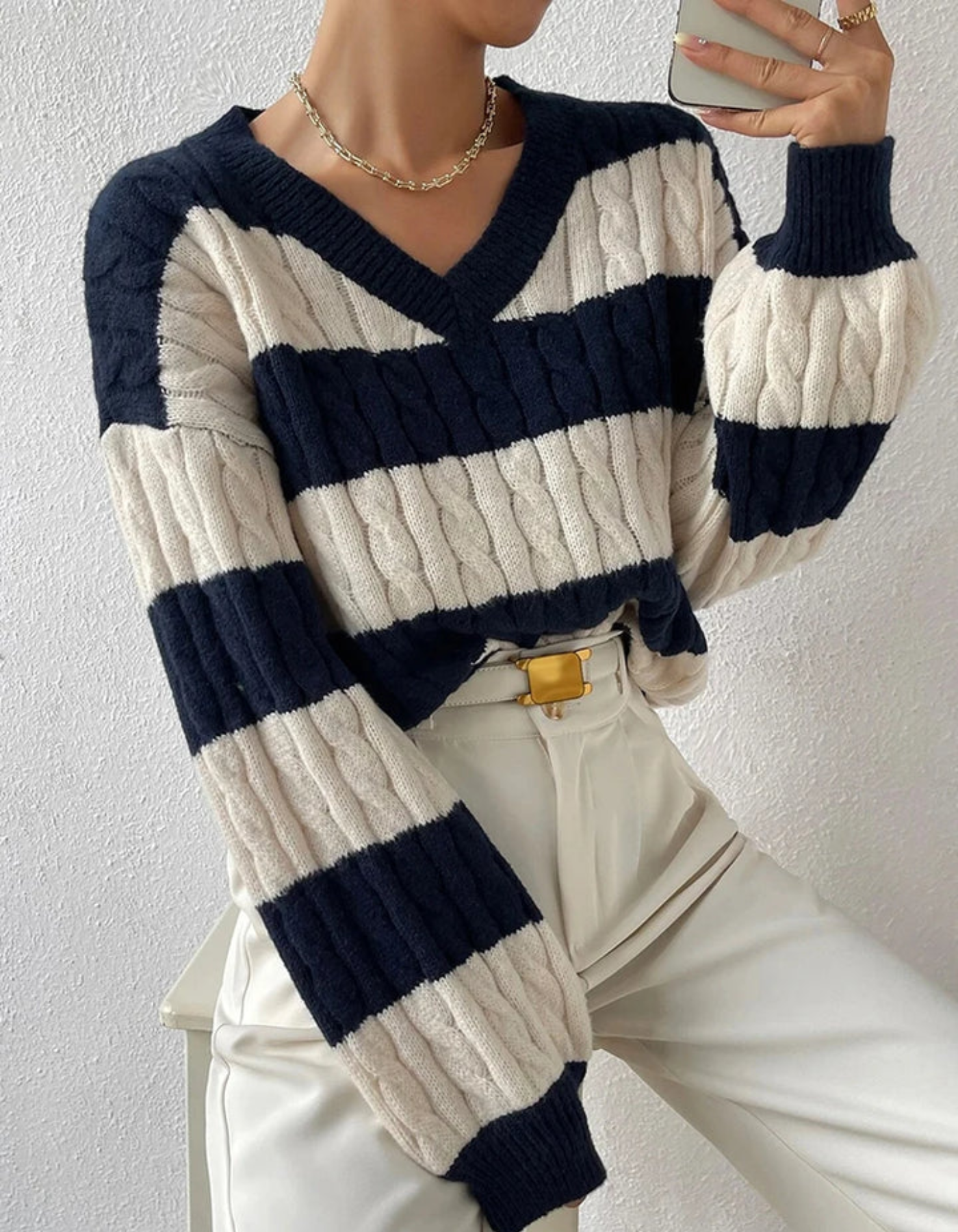Mira – Dzianina w paski – Sweter-15216301932869-Róża Kwiatowa