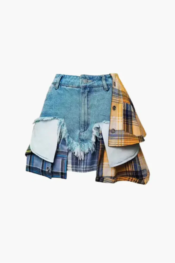 Monica – Panele w kratę – Warstwowa mini spódniczka jeansowa-15216259039557-Róża Kwiatowa