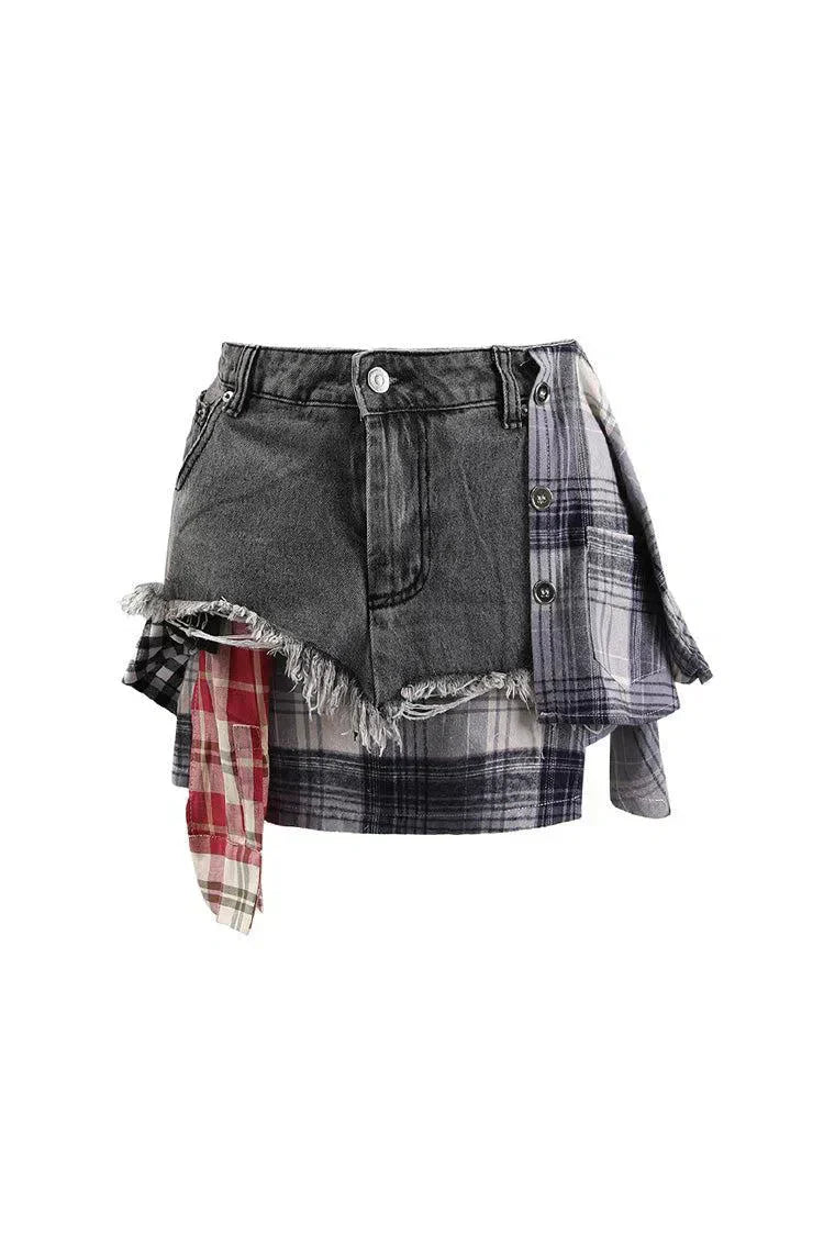 Monica – Panele w kratę – Warstwowa mini spódniczka jeansowa-15216259039557-Róża Kwiatowa