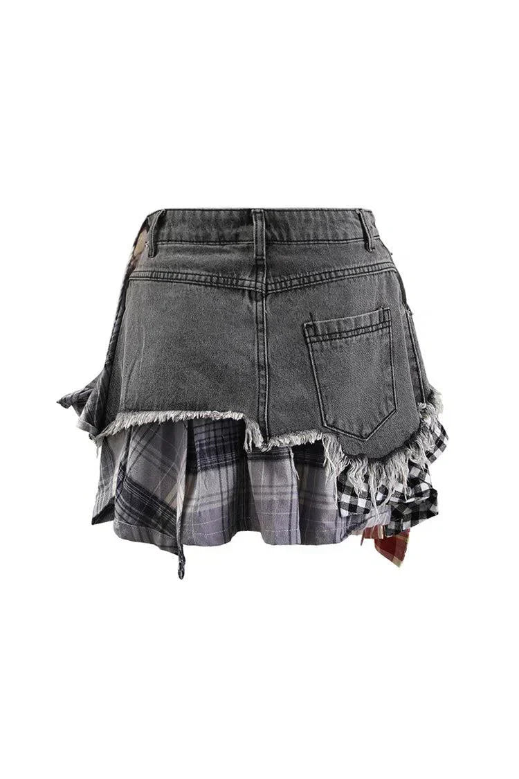 Monica – Panele w kratę – Warstwowa mini spódniczka jeansowa-15216259039557-Róża Kwiatowa