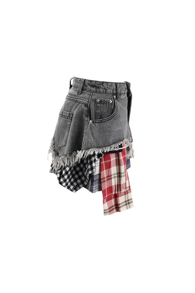 Monica – Panele w kratę – Warstwowa mini spódniczka jeansowa-15216259039557-Róża Kwiatowa