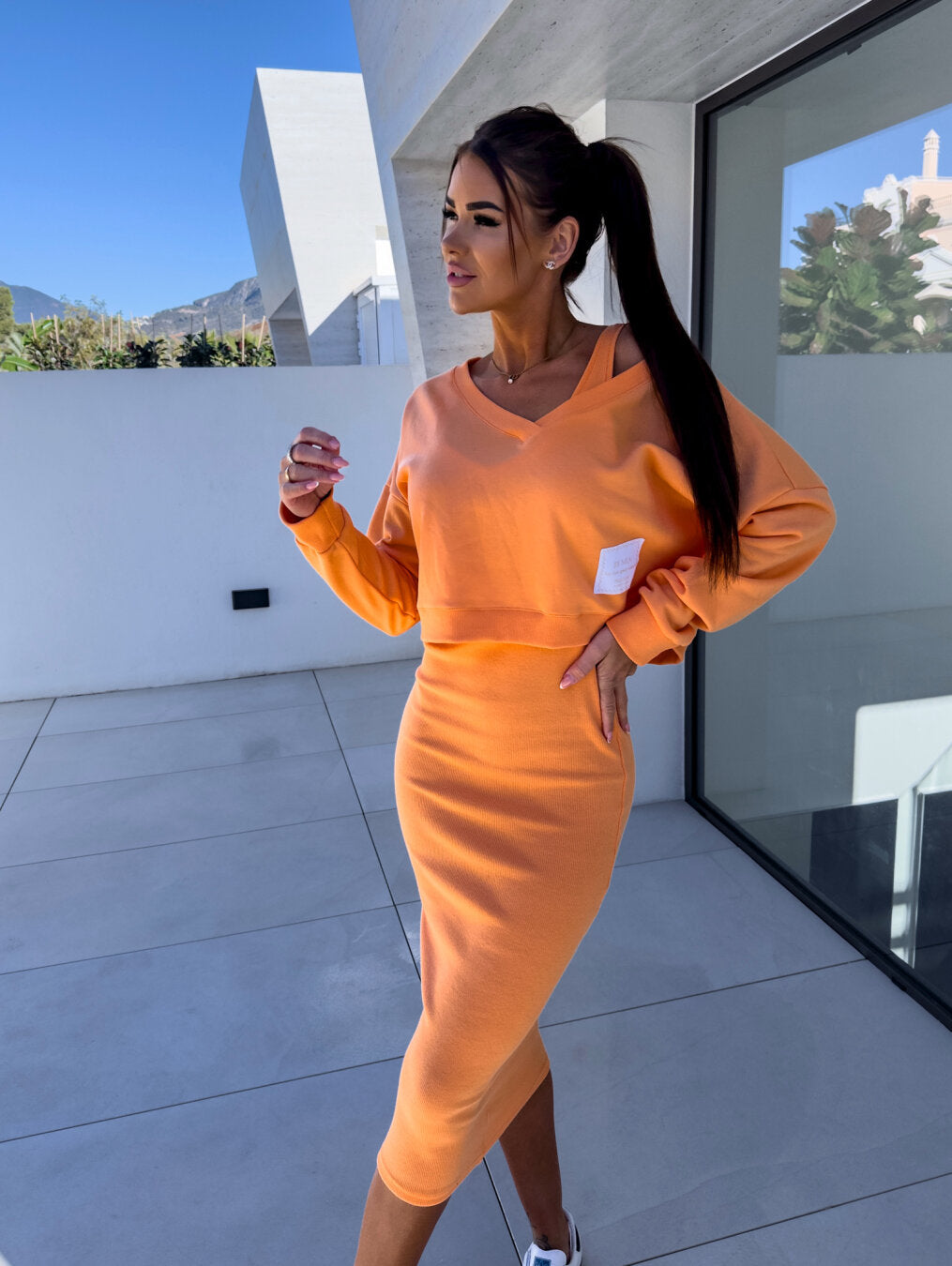 Alessia – Elegancki zestaw składający się z dwóch części - Dzianinowy zestaw-15266524135749-Róża Kwiatowa