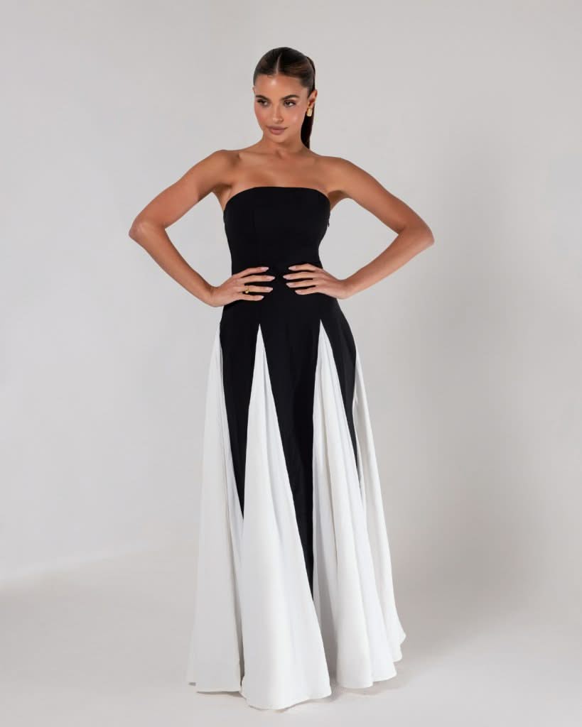 Noirelle – Monochromatyczna elegancja – Suknia maxi bez ramiączek-15222428270917-Róża Kwiatowa