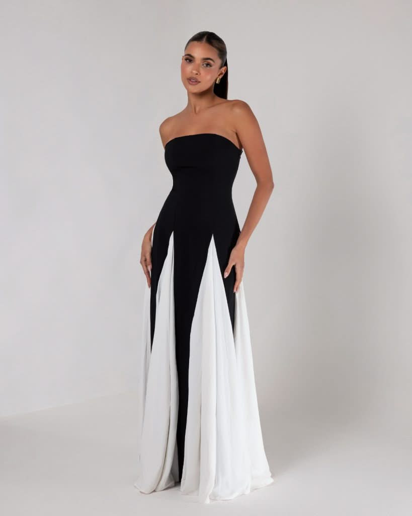 Noirelle – Monochromatyczna elegancja – Suknia maxi bez ramiączek-15222428270917-Róża Kwiatowa