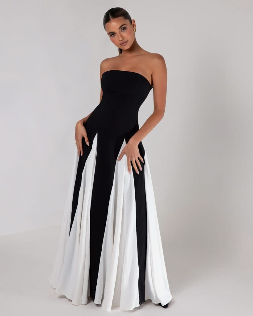 Noirelle – Monochromatyczna elegancja – Suknia maxi bez ramiączek-15222428270917-Róża Kwiatowa