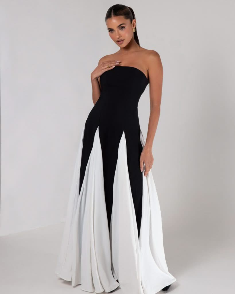 Noirelle – Monochromatyczna elegancja – Suknia maxi bez ramiączek-15222428270917-Róża Kwiatowa