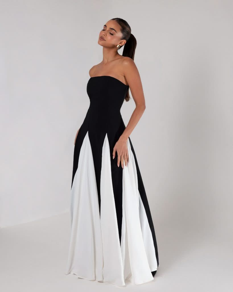 Noirelle – Monochromatyczna elegancja – Suknia maxi bez ramiączek-15222428270917-Róża Kwiatowa