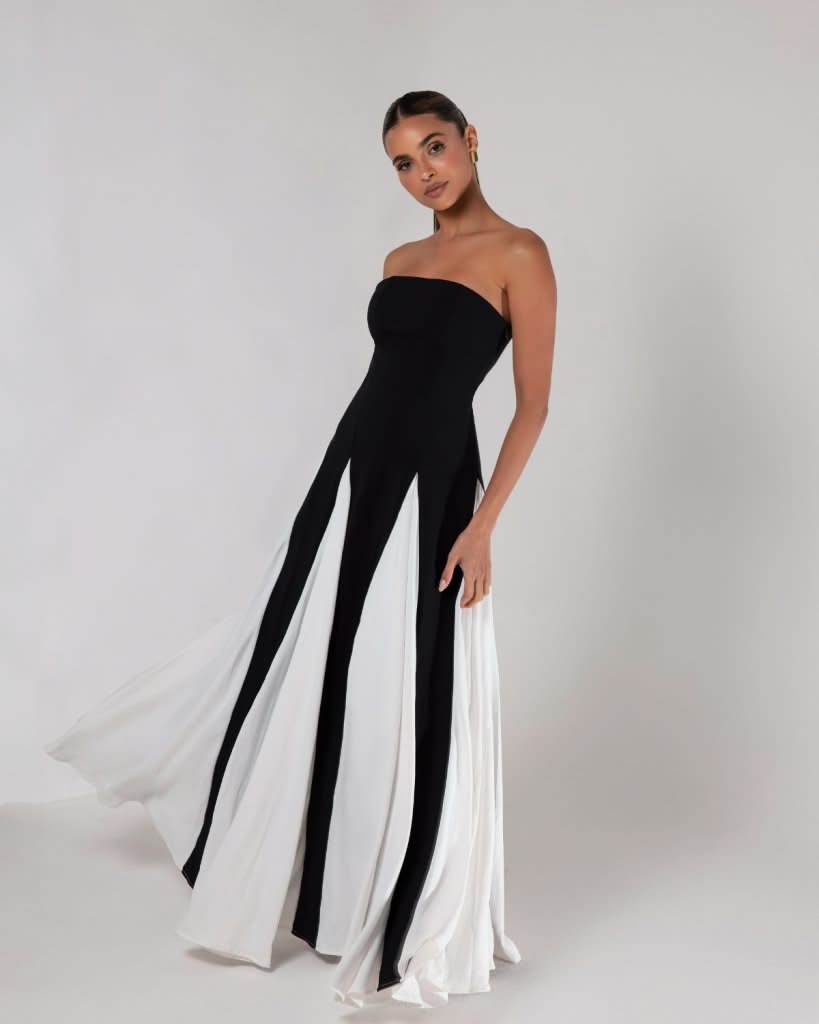 Noirelle – Monochromatyczna elegancja – Suknia maxi bez ramiączek-15222428270917-Róża Kwiatowa