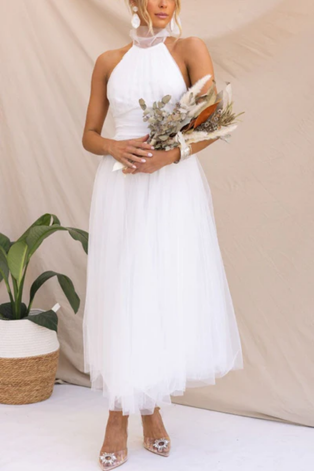 Valencienne – Elegancja dekoltu na szyję – Sukienka midi z tiulu-15216450896197-Róża Kwiatowa