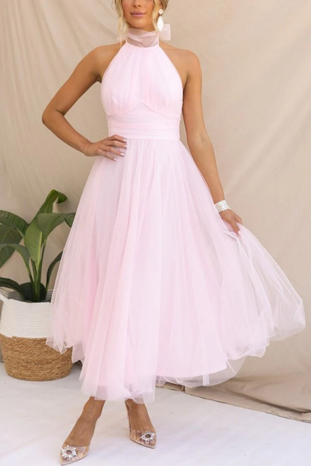 Valencienne – Elegancja dekoltu na szyję – Sukienka midi z tiulu-15216450896197-Róża Kwiatowa