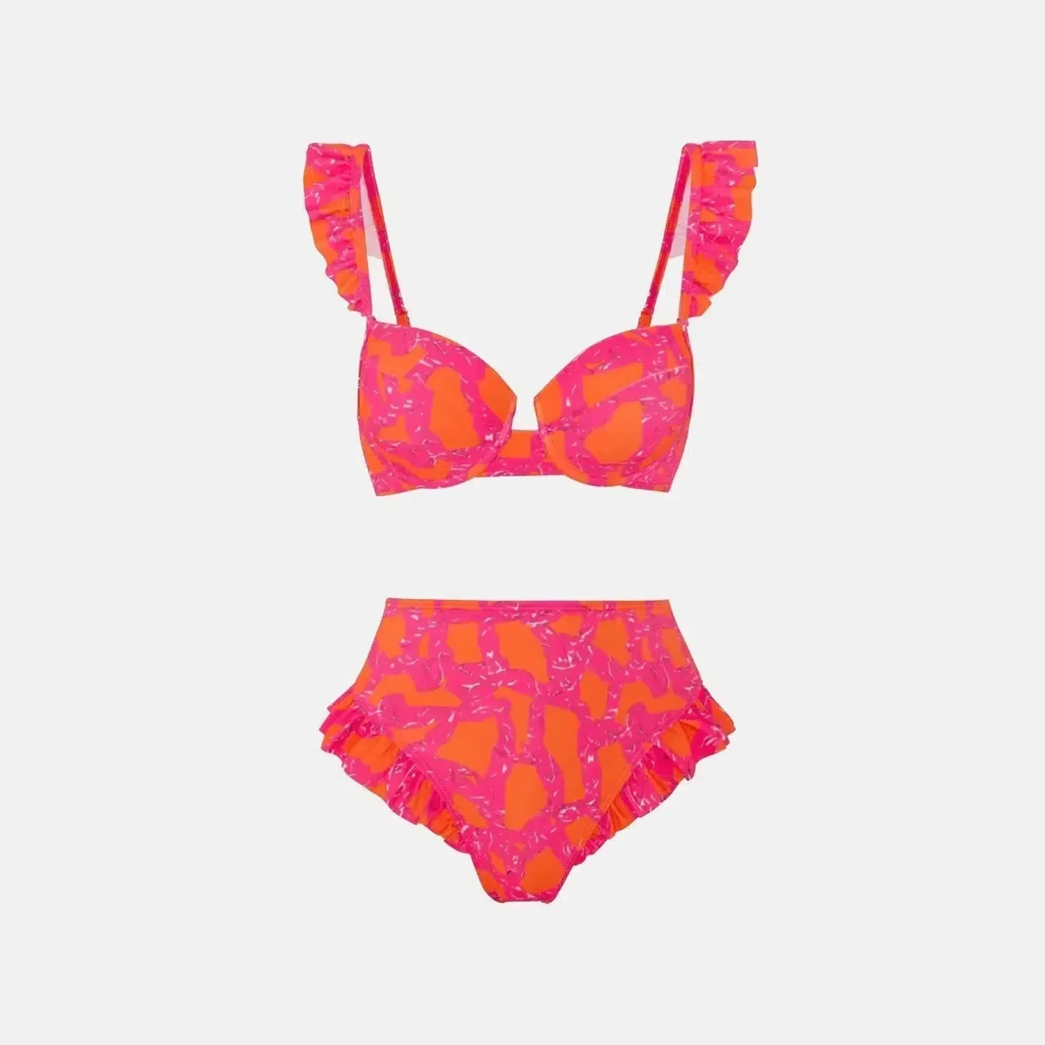 Zestaw Aurivette – Różowy – Bikini z falbanami i spódnica z rozcięciem-15216249930053-Róża Kwiatowa