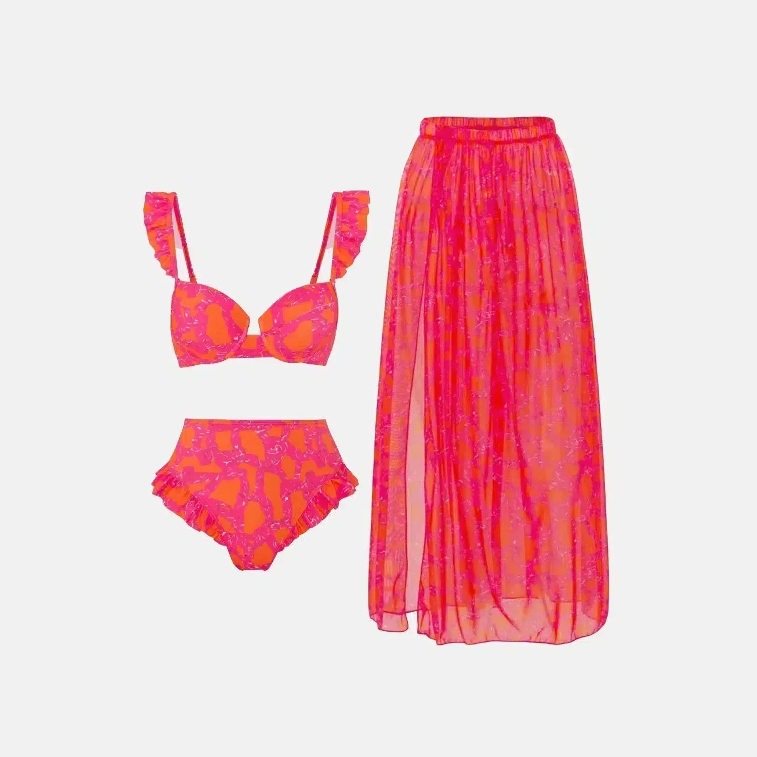 Zestaw Aurivette – Różowy – Bikini z falbanami i spódnica z rozcięciem-15216249930053-Róża Kwiatowa
