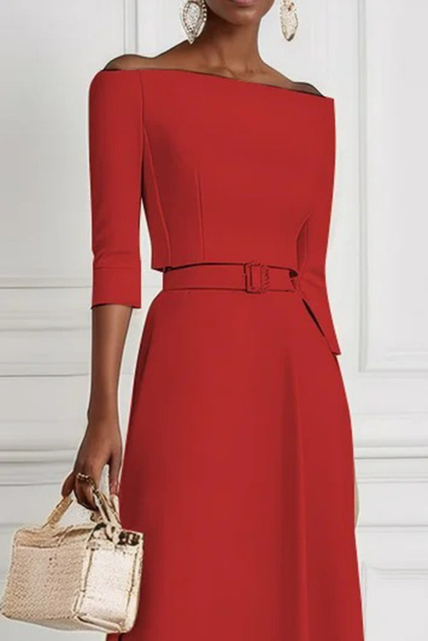 Solid Color Off-the-shoulder Waist-tied Elegant Midi Dress-15273731162437-Róża Kwiatowa