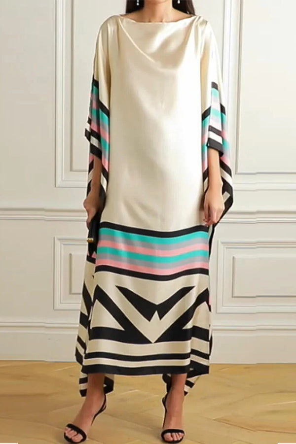 Unique Pasekd Print Crew Neck Loose Midi Dress-15273794240837-Róża Kwiatowa