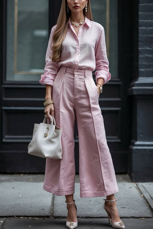 Solid Color Long-sleeved Lapel Casual Shirt and Pocket Loose Wide-leg Pants Set-15273731457349-Róża Kwiatowa