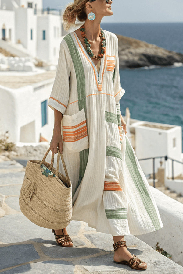 Striped Print V-Neck Casual Loose Pocket Maxi Dress-15273733062981-Róża Kwiatowa