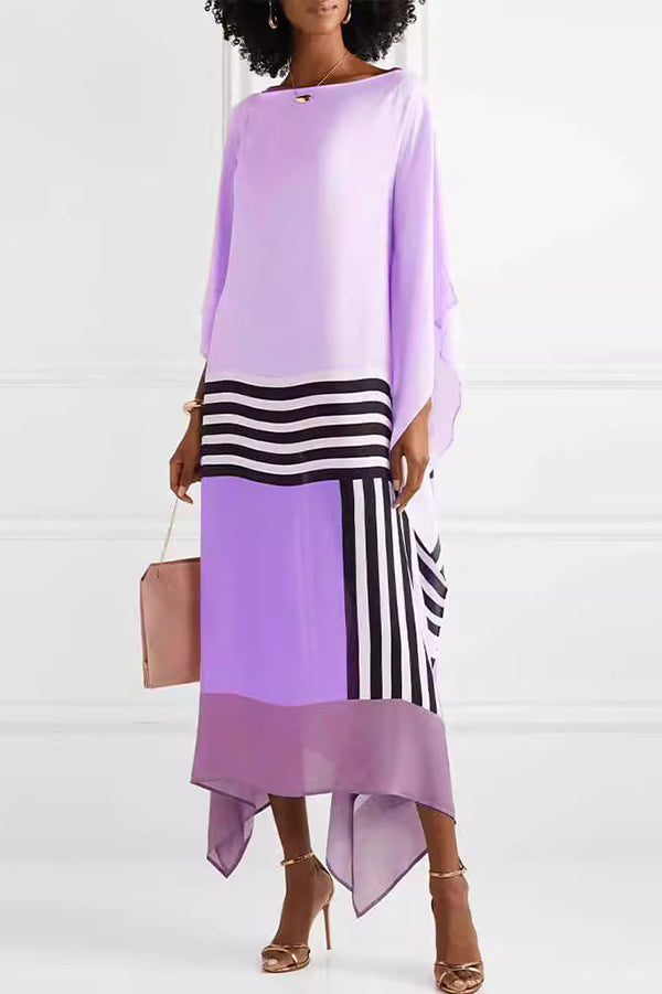 Unique Pasekd Print Crew Neck Loose Midi Dress-15273794240837-Róża Kwiatowa
