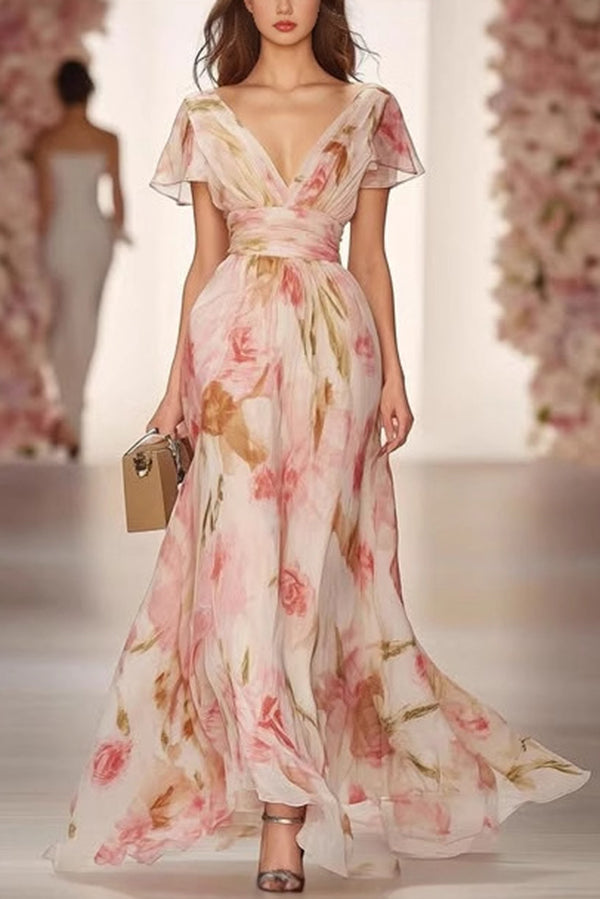 Floral Print V-neck Short-sleeved Waist Casual Maxi Dress-15273731883333-Róża Kwiatowa