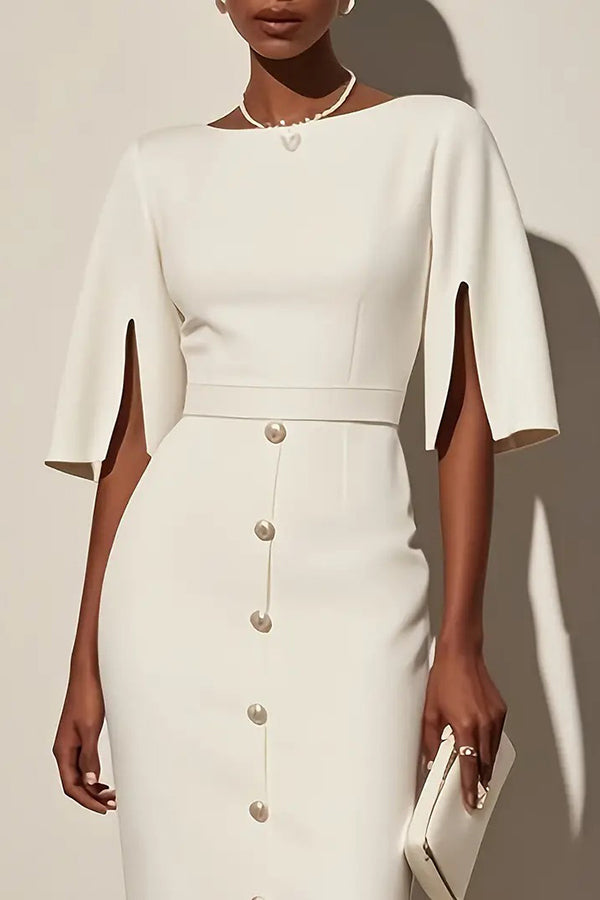 Solid Color Round Neck Slit Sleeve Waist Button Decoration Midi Dress-15273731227973-Róża Kwiatowa