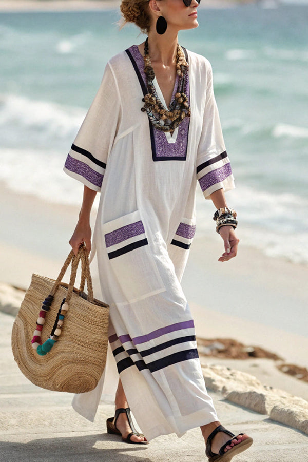 Pasekd Print V-Neck Casual Loose Pocket Maxi Dress-15273795780933-Róża Kwiatowa