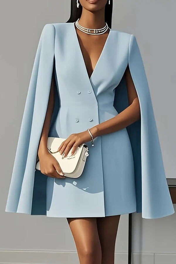 Solid Color V-Neck Double Breasted Cape Formal Mini Dress-15273731391813-Róża Kwiatowa