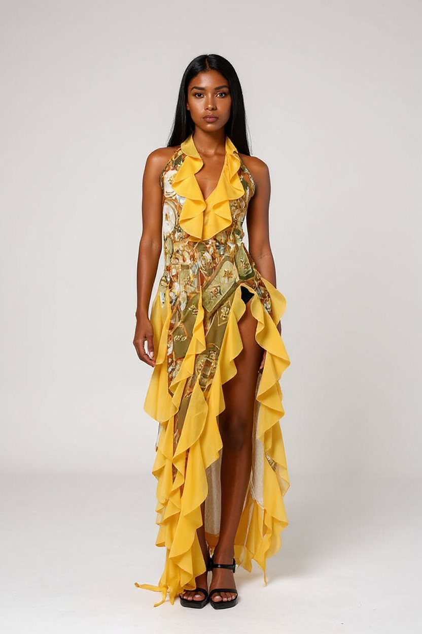 Solanna – Falbaniasty dekolt typu halter - Sukienka maxi-15262891147589-Róża Kwiatowa
