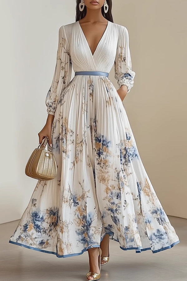 Unique Printed V-Neck Long Sleeve Bow Tie Waist Holiday Maxi Dress-15273731785029-Róża Kwiatowa