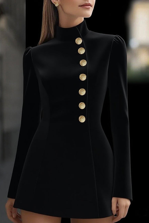 Fashionable Stand Collar Single-Breasted Slim Fit Formal Mini Dress-15273730670917-Róża Kwiatowa