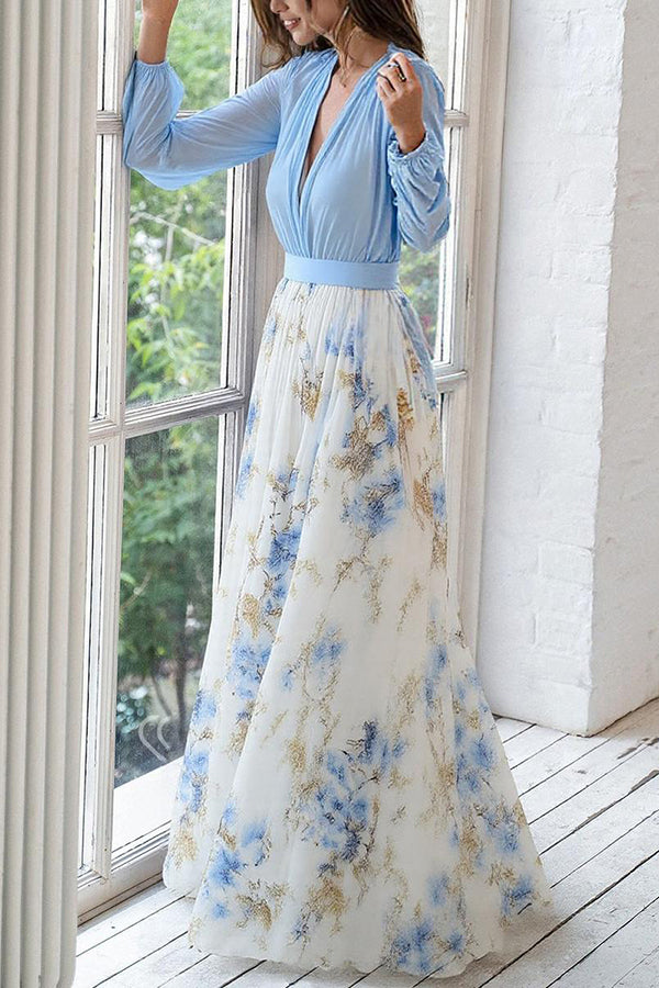 Plant Print V-neck Long Sleeve Elegant Stitching Maxi Dress-15273731752261-Róża Kwiatowa