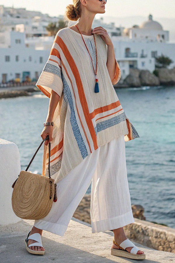 Pasekd Print Crew Neck Loose Top and Elastic Waist Casual Wide Leg Pants-15273795518789-Róża Kwiatowa