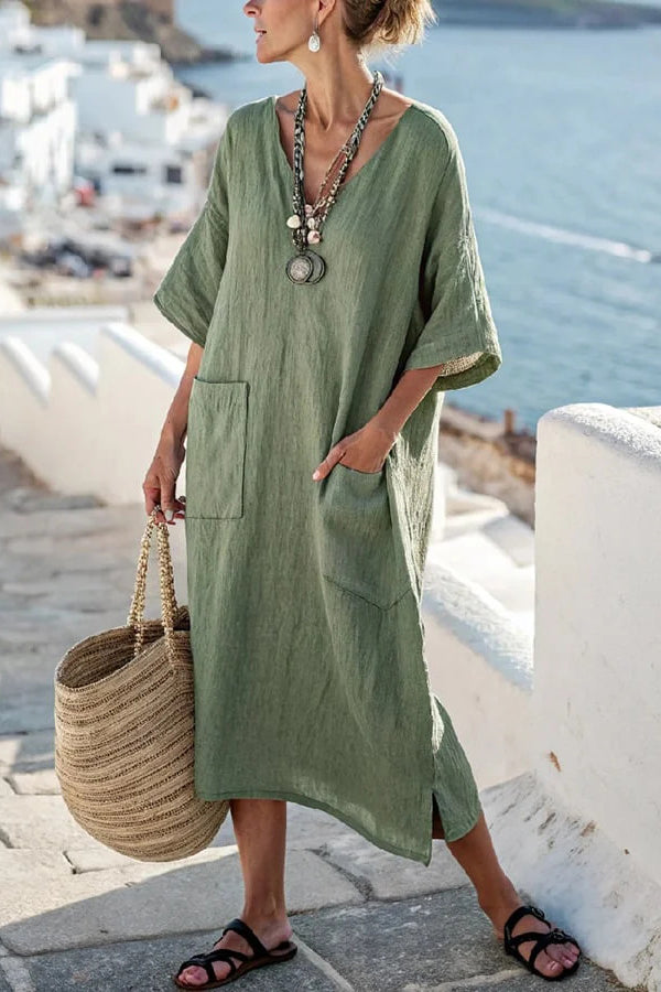 Pasekd Print V-Neck Casual Loose Pocket Maxi Dress-15273795780933-Róża Kwiatowa