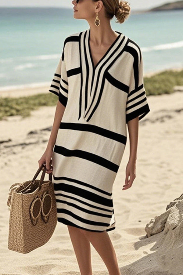 Fashion Striped Print V-neck Loose Holiday Midi Dress-15273734832453-Róża Kwiatowa