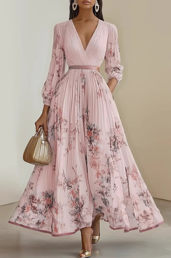 Unique Printed V-Neck Long Sleeve Bow Tie Waist Holiday Maxi Dress-15273731785029-Róża Kwiatowa