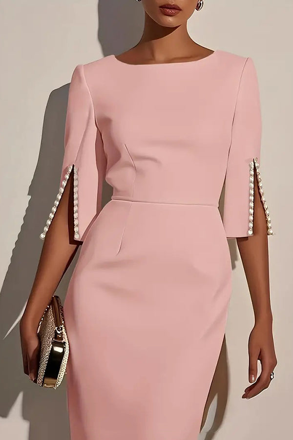 Solid Color Elegant Round Neck Half Sleeve Beaded Decorated Slim Fit Midi Dress-15273731096901-Róża Kwiatowa