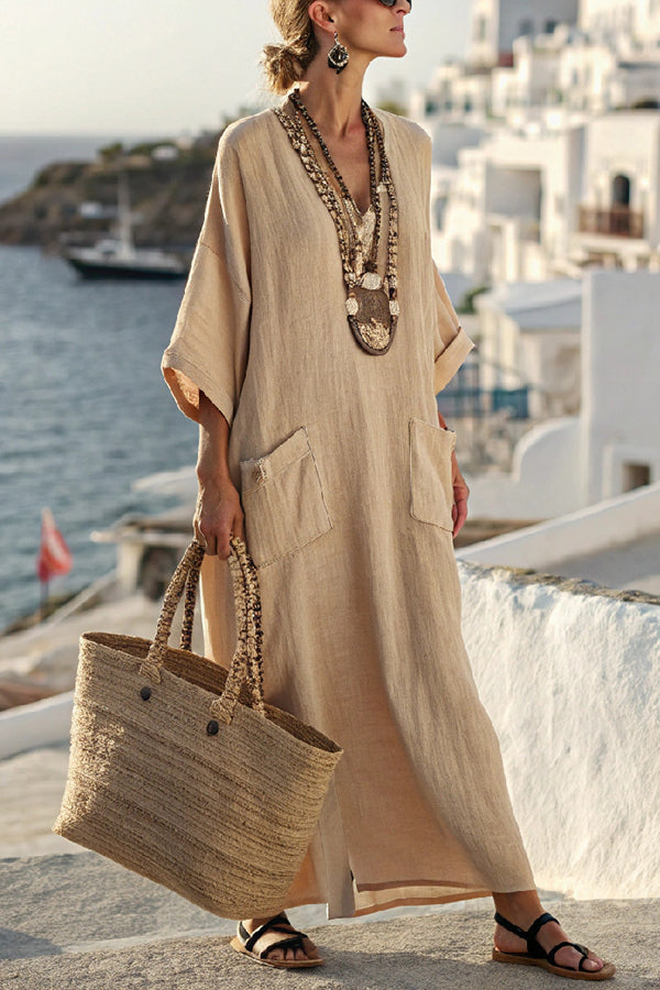 Pasekd Print V-Neck Casual Loose Pocket Maxi Dress-15273795420485-Róża Kwiatowa