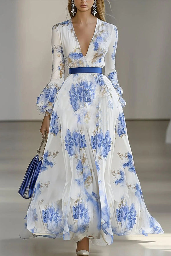 Floral Print V-neck Long-sleeved Waist-tied Maxi Dress-15273731817797-Róża Kwiatowa