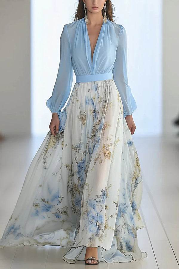 Plant Print V-neck Long Sleeve Elegant Stitching Maxi Dress-15273731752261-Róża Kwiatowa