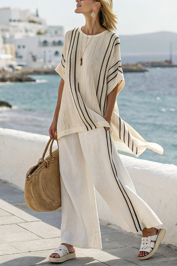 Striped Print Crew Neck Loose Top and Elastic Waist Casual Wide Leg Pants-15273733980485-Róża Kwiatowa
