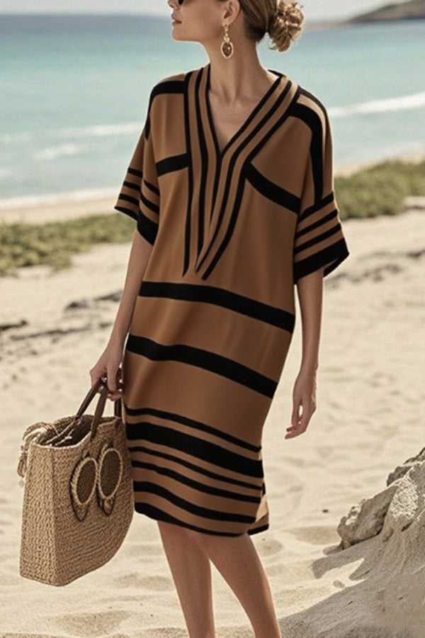 Fashion Striped Print V-neck Loose Holiday Midi Dress-15273734832453-Róża Kwiatowa