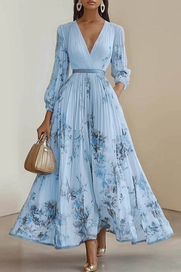 Unique Printed V-Neck Long Sleeve Bow Tie Waist Holiday Maxi Dress-15273731785029-Róża Kwiatowa